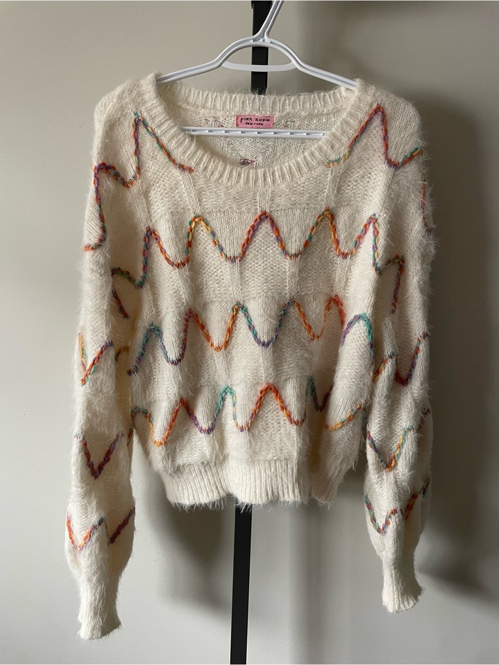 Pink Robin New York Fuzzy Eyelash Knit Sweater Rainbow Zigzag Braided Chevron